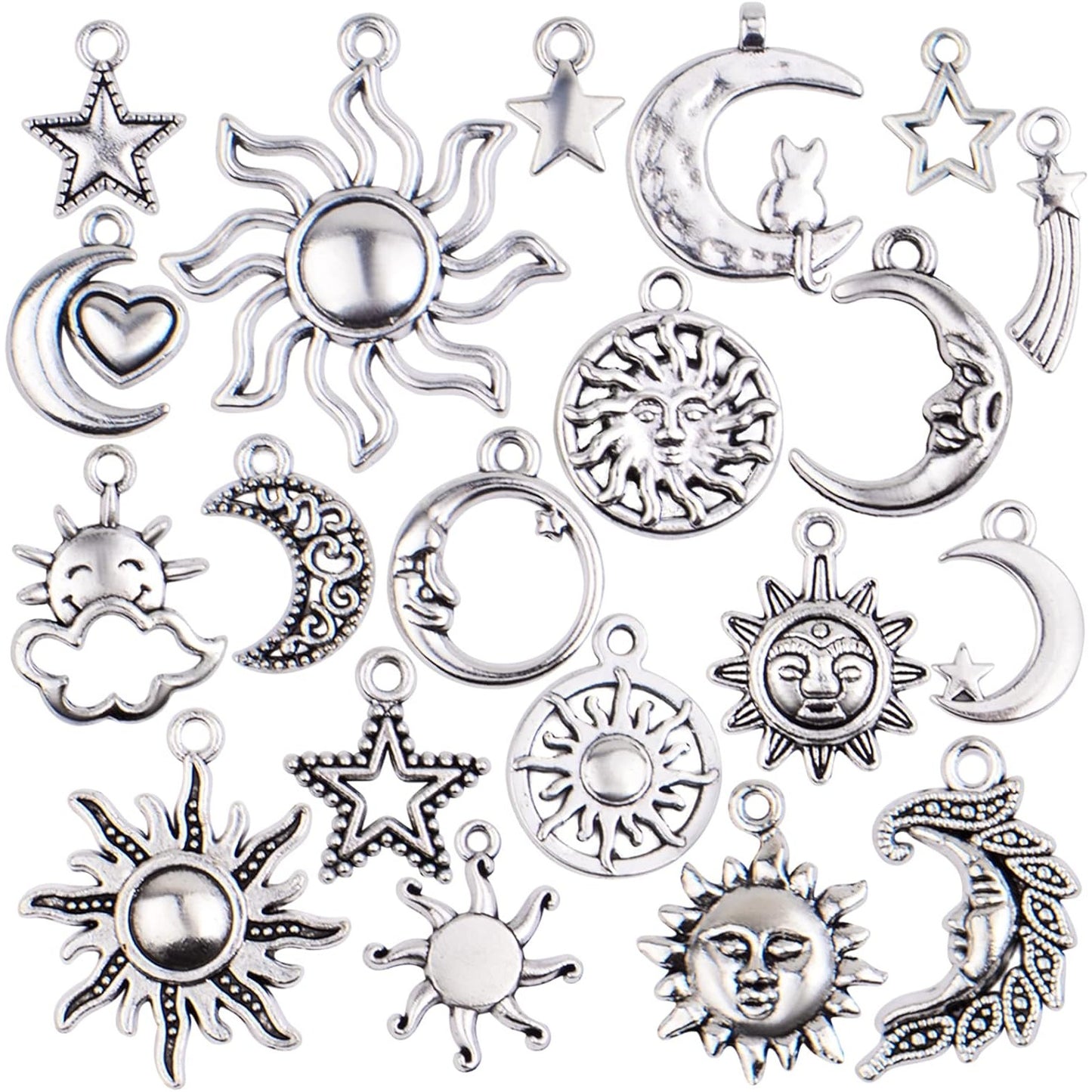 80pcs Antique Silver Sun Moon Stars Charms Alloy Vintage Celestial Dangle Pendants Jewelry Charm Accessory for DIY Necklace Bracelet Craft Supplies, 20 Styles
