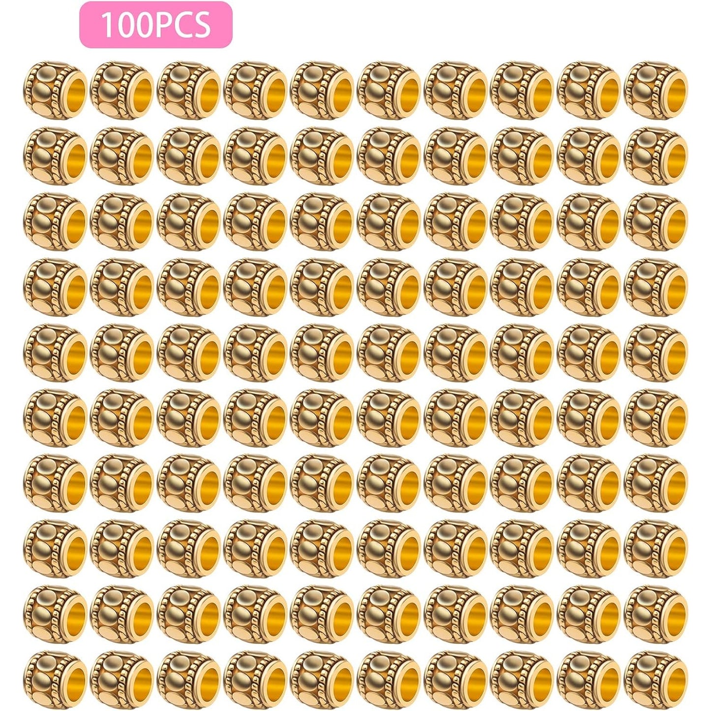 100pcs Antique Gold Large Hole Spacer Beads Tibetan Alloy European Barrel Beads Loose Charms for DIY Necklace Bracelets Jewelry Making Accessories, 7 mm x 6 mm, Hole: 4 mm