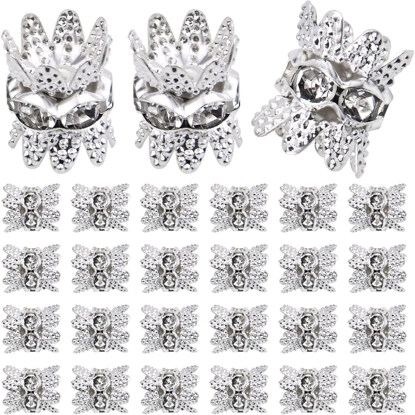 60PCS Double Flower Beads Caps with Rhinestone Petal Brass Bead Spacer Flower Caps Jewelry Making Accessories for Bracelet Necklace Earring
