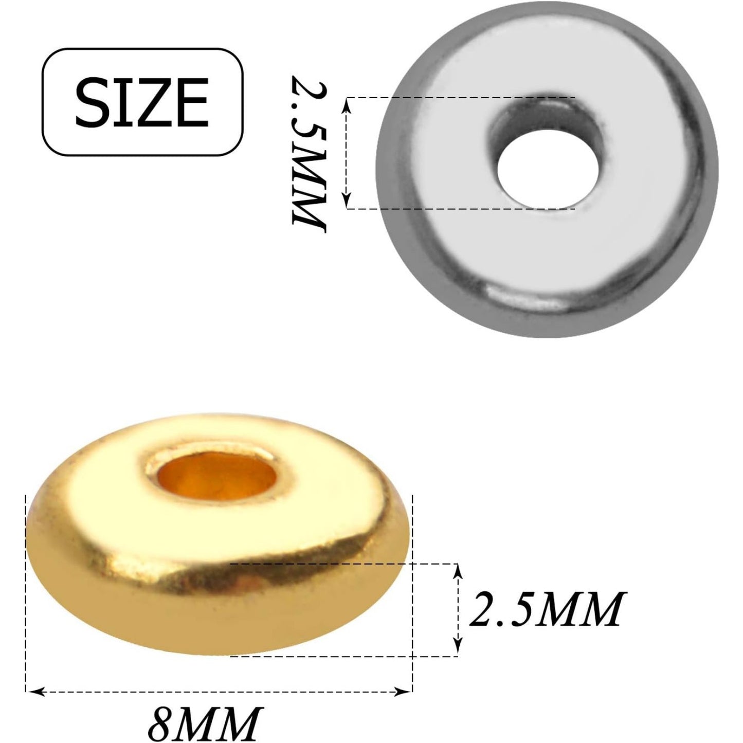 200pcs 8mm Flat Round Rondelle Spacer Beads Disc Spacers Loose Beads Jewelry Metal Spacers for DIY Bracelet Necklace Crafts,Gold and Silver
