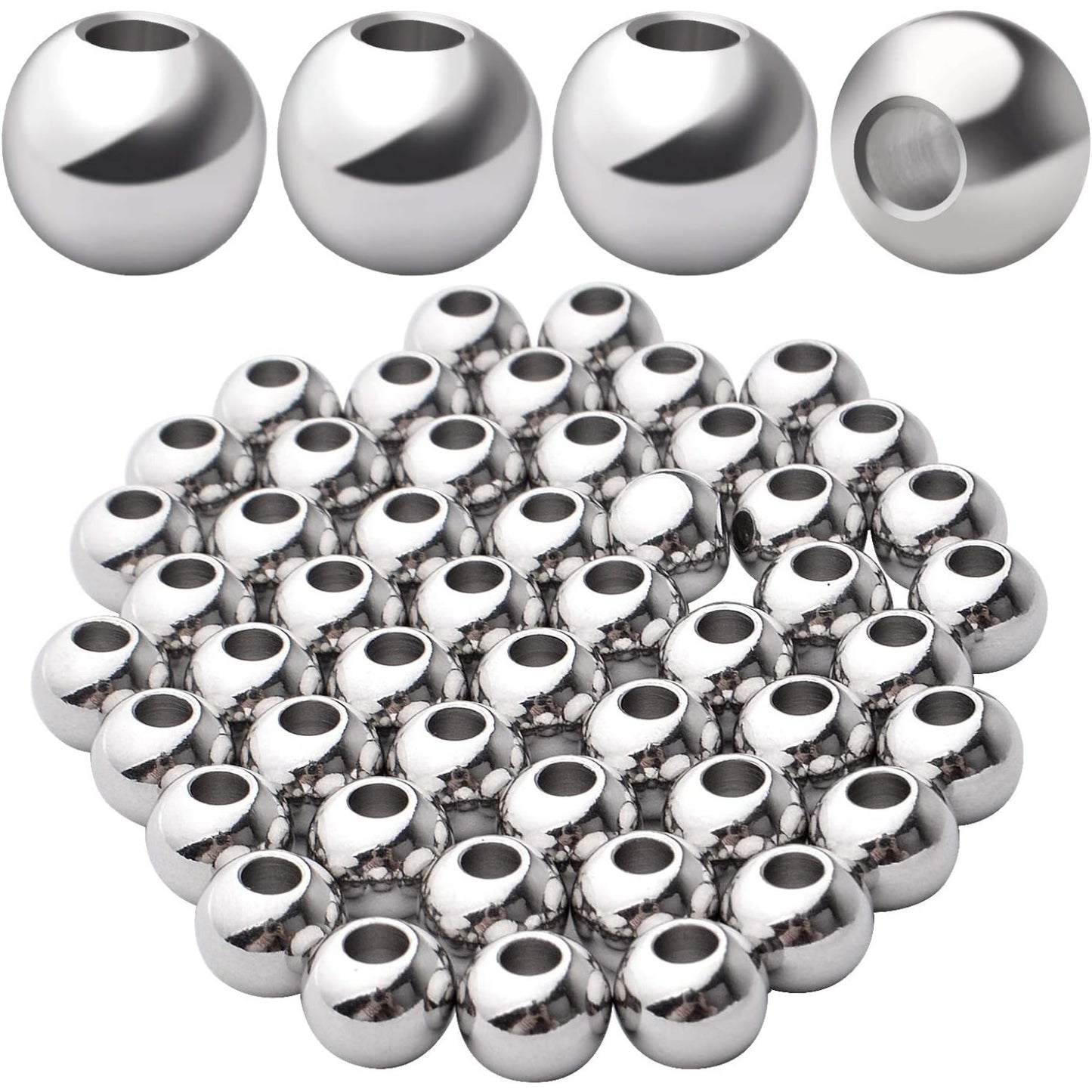 50pcs 8mm Stainless Steel Round Spacers Ball Spacer Beads Seamless Smooth Loose Beads Rondelle Beads Jewelry Spacer Charms for DIY Jewelry Making Supplies