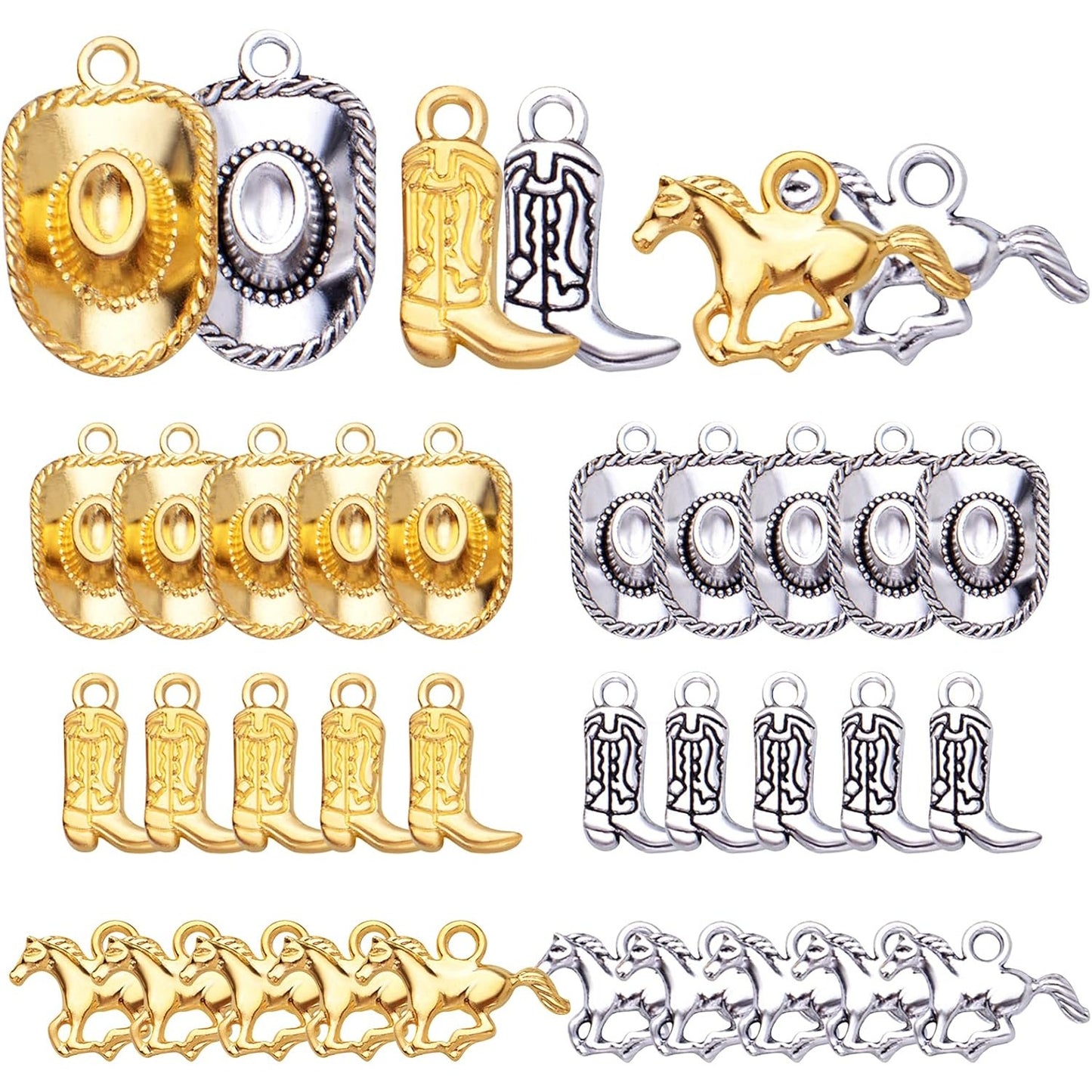 60pcs Silver Western Cowboy Charms Pendants Alloy Horse Cowboy Boot Hat Dangle Charms for DIY Earrings Bracelet Necklace Jewelry Making