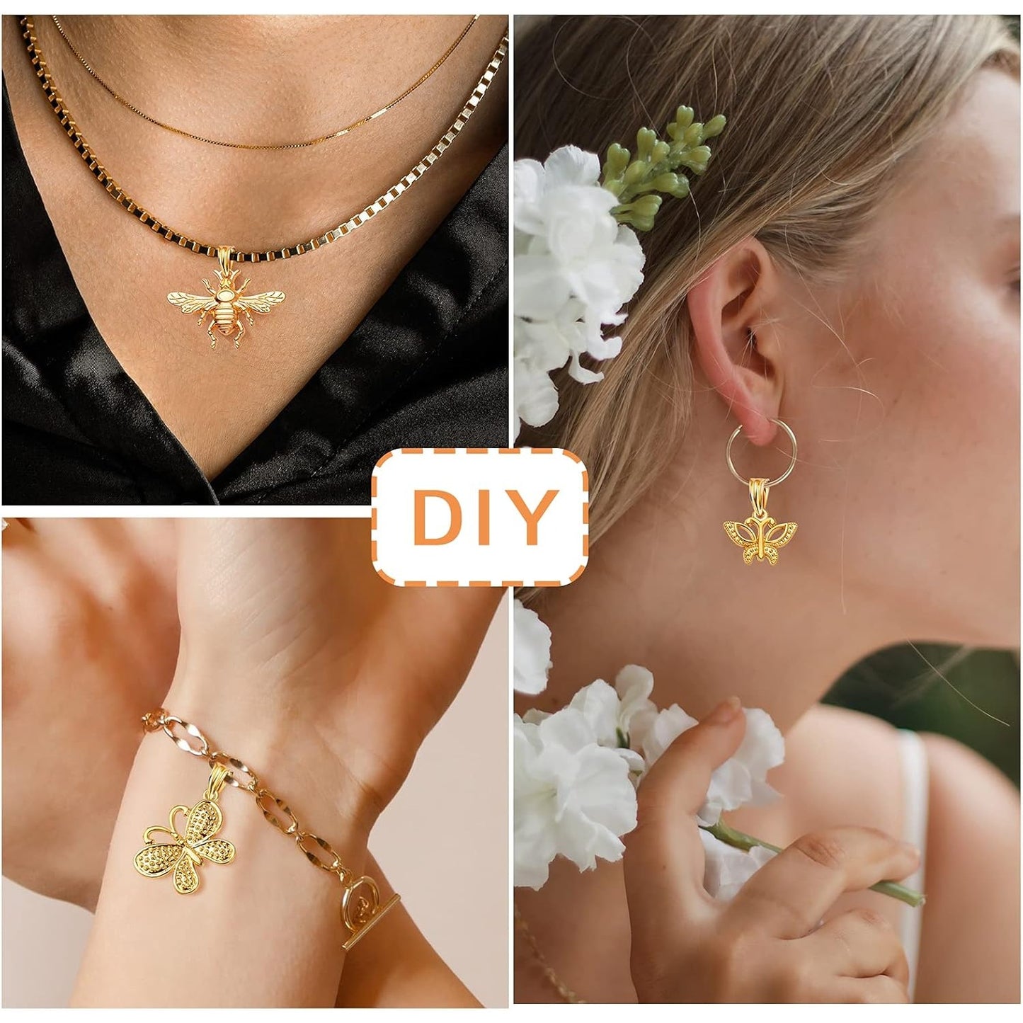100pcs Gold Plated Mixed Butterfly Dragonfly Honeybee Charms Alloy Insect Dangle Pendants Craft Supplies for DIY Necklace Bracelet Jewelry Making Findings Accessory, 10 Styles