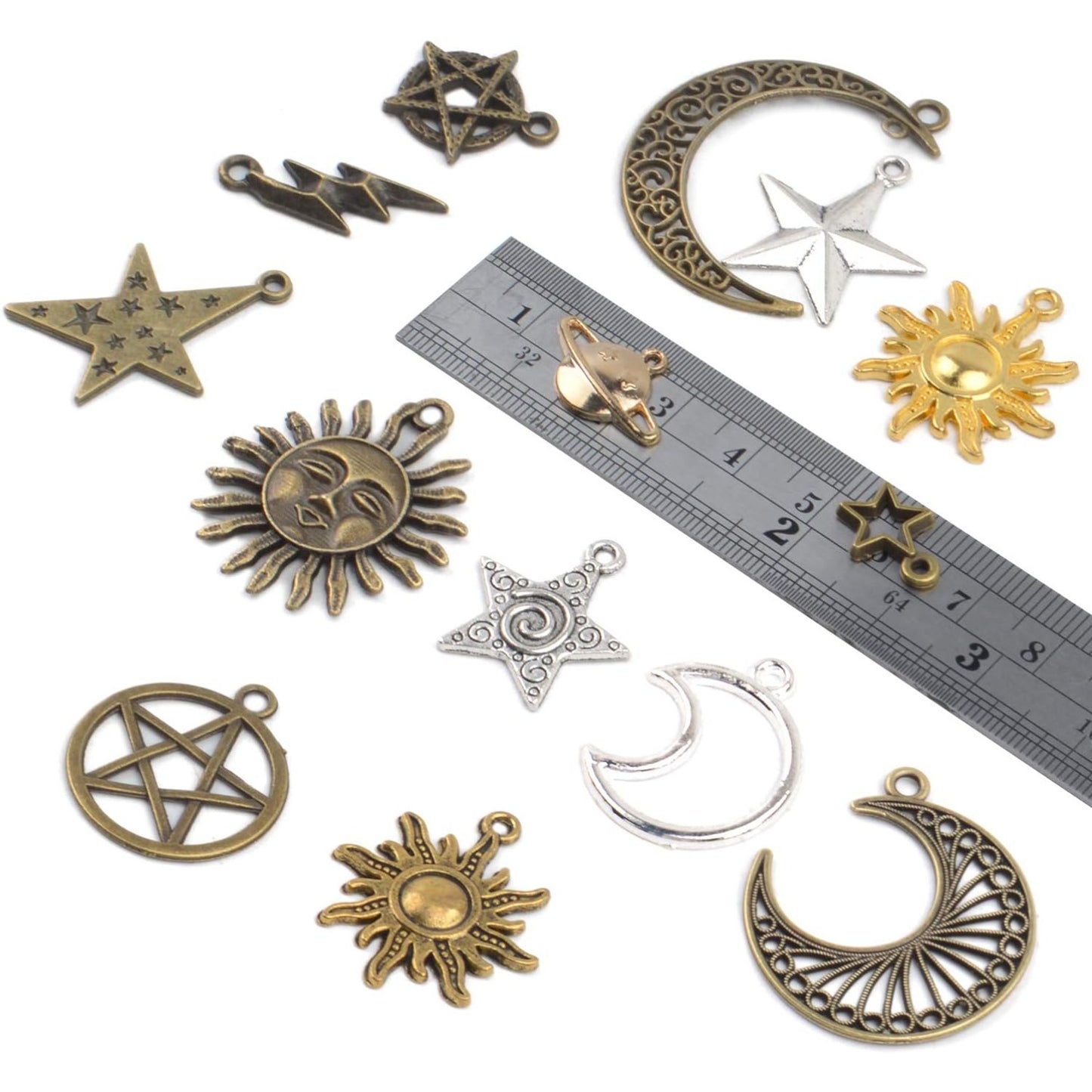 Celestial Charms,100 Gram(About 80-90 Pieces) Mixed Sun Moon Star Charms Antique Alloy Pendants for Jewelry Making and Crafting