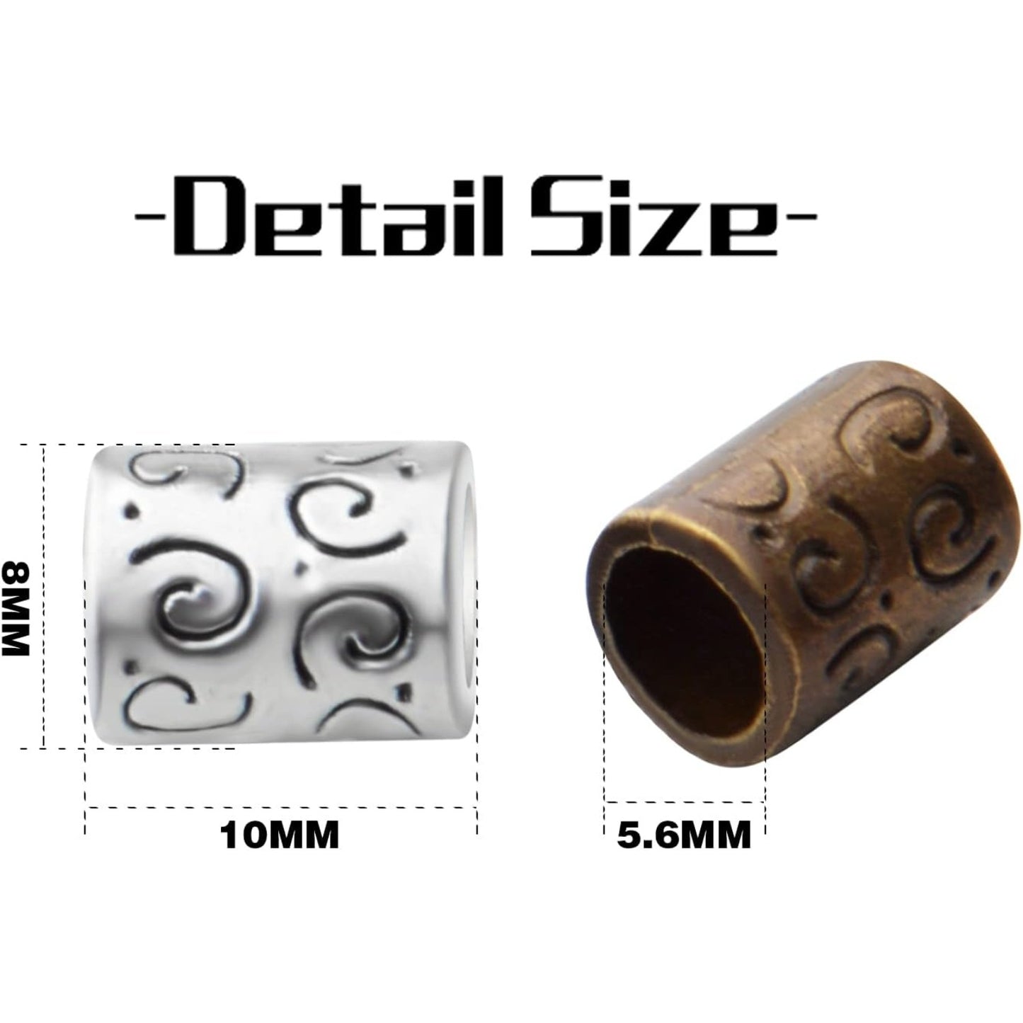 Large Hole Spacer Beads, 100pcs Column Alloy Tube Loose Beads, Silver/Bronze, Cylindrical, 10mm x 8mm, 5.6mm Hole, DIY Jewelry Craft Making