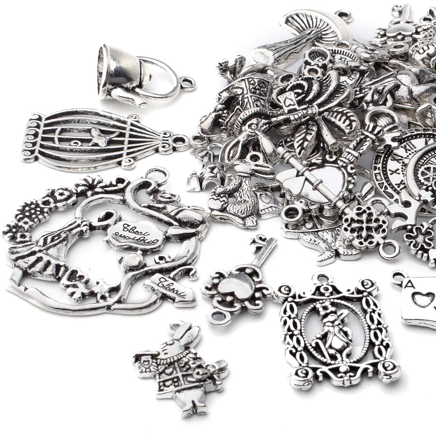 40pcs Antique Silver Alice in Wonderland Charm Alloy Tales Tea Party Steampunk Victorian Necklace Bracelet Charms Pendants for DIY Jewelry Making Crafts Supplies