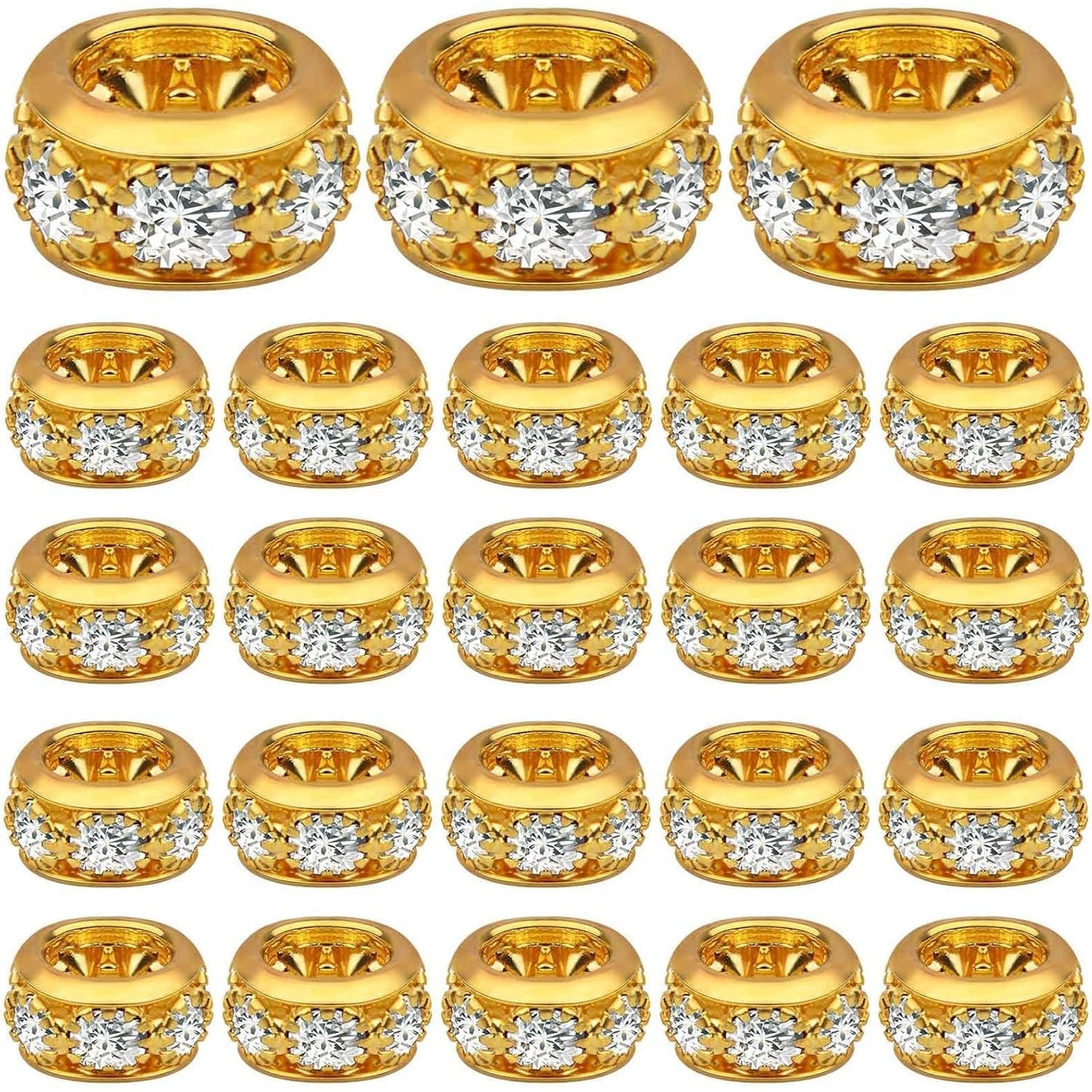 40pcs Rhinestone Rondelle Spacer Beads European Large Hole Beads Loose Charm Beads for DIY Bracelet Necklace Snake Chain Jewelry Making Decor, Bright Golden