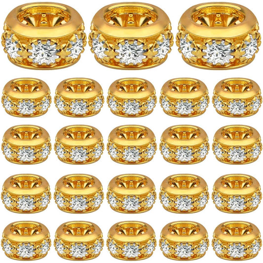 40pcs Rhinestone Rondelle Spacer Beads European Large Hole Beads Loose Charm Beads for DIY Bracelet Necklace Snake Chain Jewelry Making Decor, Bright Golden