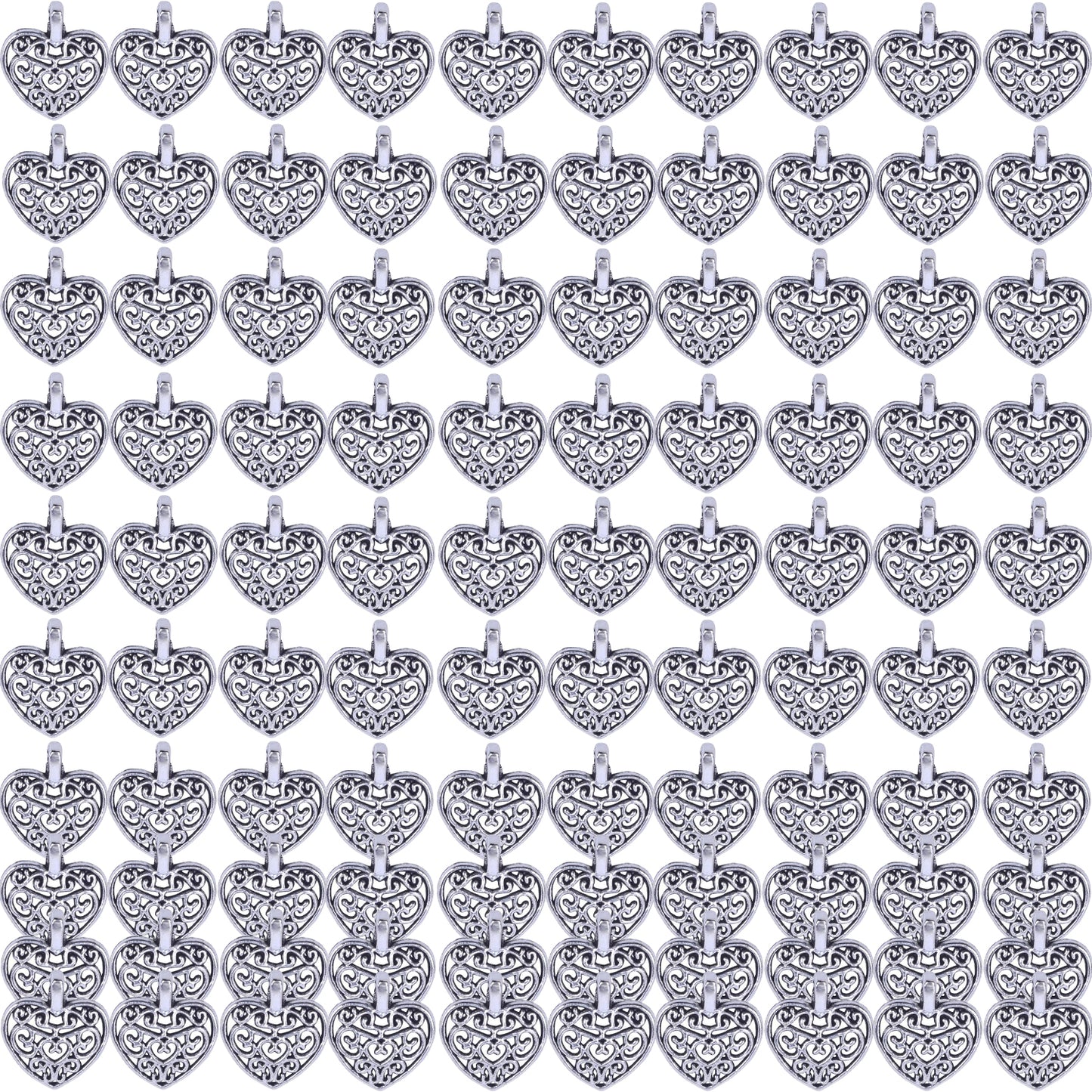 100 Pieces Heart Charms Pendants Metal Beads for Jewelry Making Bracelet Necklace,Antique Silver and Gold