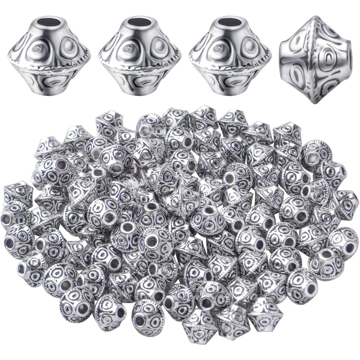 100pcs Antique Silver Flying Saucer Shape Spacer Bead Tibetan Alloy Bicone Beads Spacers Loose Spacers Jewelry Spacer Bead for DIY Jewelry Making Crafts Supplies