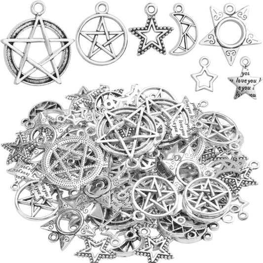 100g (80-150pcs) Mixed Moon Star Charms Antique Alloy Celestial Charms Pendants for Bracelets Necklaces Crafts
