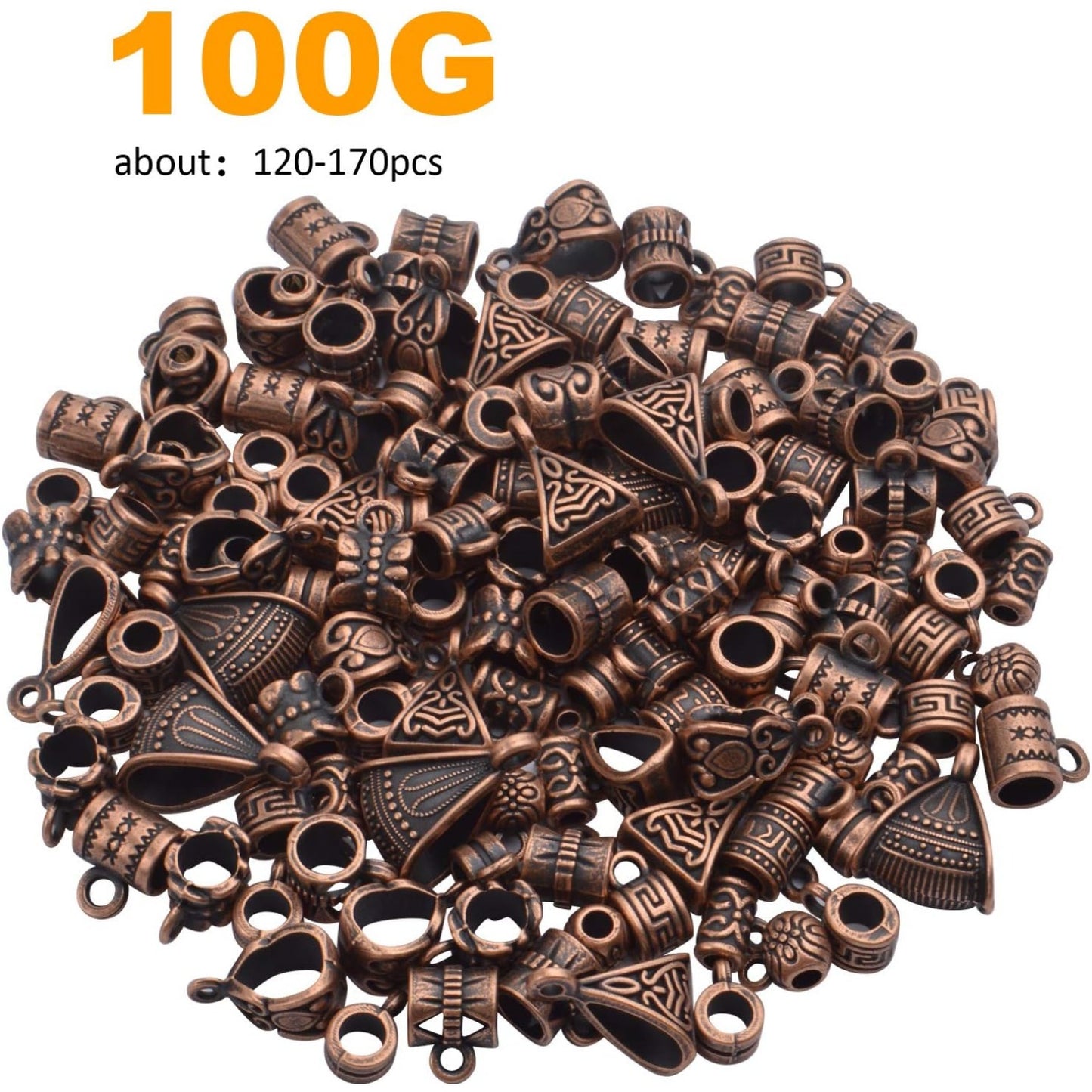100g (About 120-170pcs) Mixed Antique Copper Bail Beads,Spacer Bead,Bail Tube Beads,Bracelet Charms,Necklace Pendants for Jewelry and Craft Making