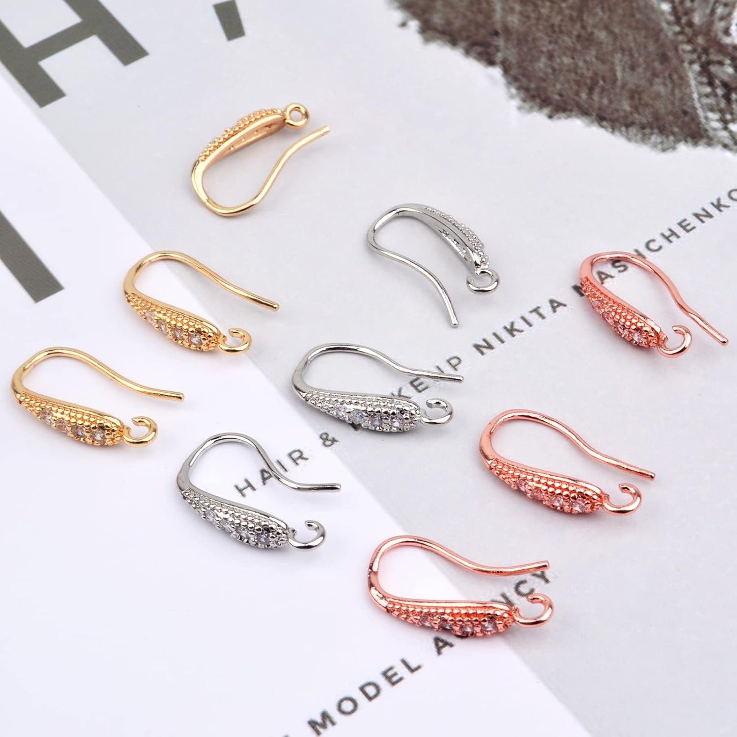 12pcs Cubic Zirconia Earring Hooks Hypoallergenic Brass French Ear Wire Fish Hooks Rhinestone Earrings with Loop for DIY Dangle Earrings Jewelry Making, 3 Colors