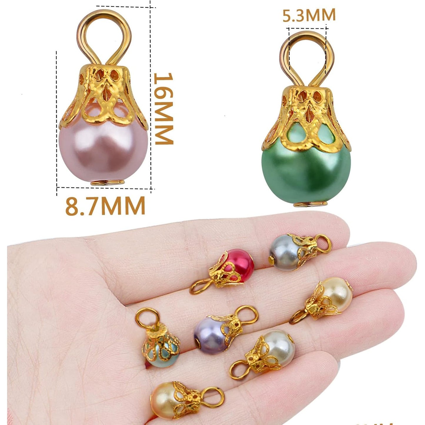 50pcs Imitation Pearl Dangle Charms Golden Filigree Flower Cap Drop Bead Pendants Jewelry Accessories for DIY Necklace Earrings Birthday Party Gifts, 10 Colors