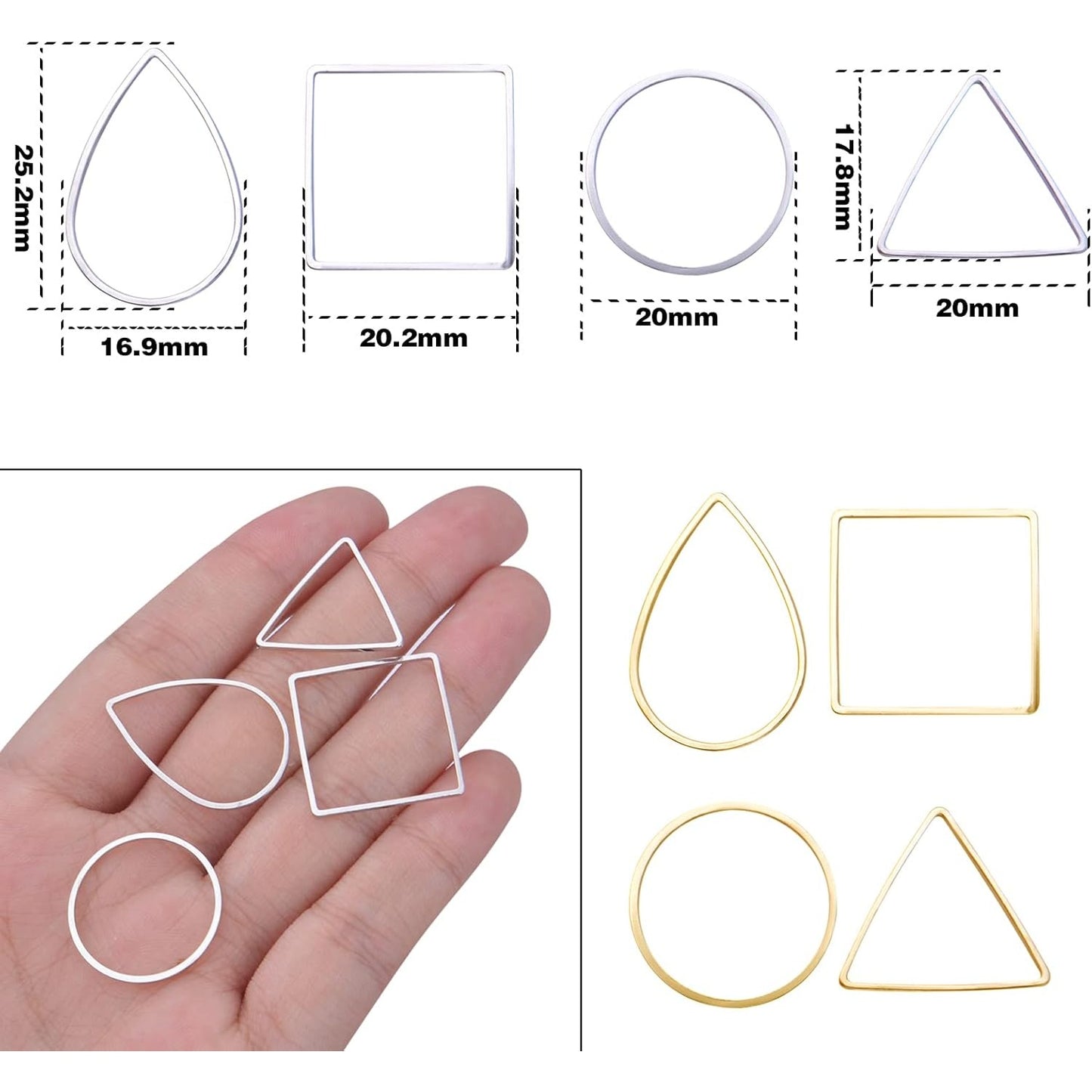 48pcs 4 Styles Earring Beading Hoop Charms Brass Geometric Pendant Connector Charms Round Square Triangle Teardrop Open Bezel Pendant Frame for DIY Earrings Necklace Jewelry Crafts Making, 2 Colors