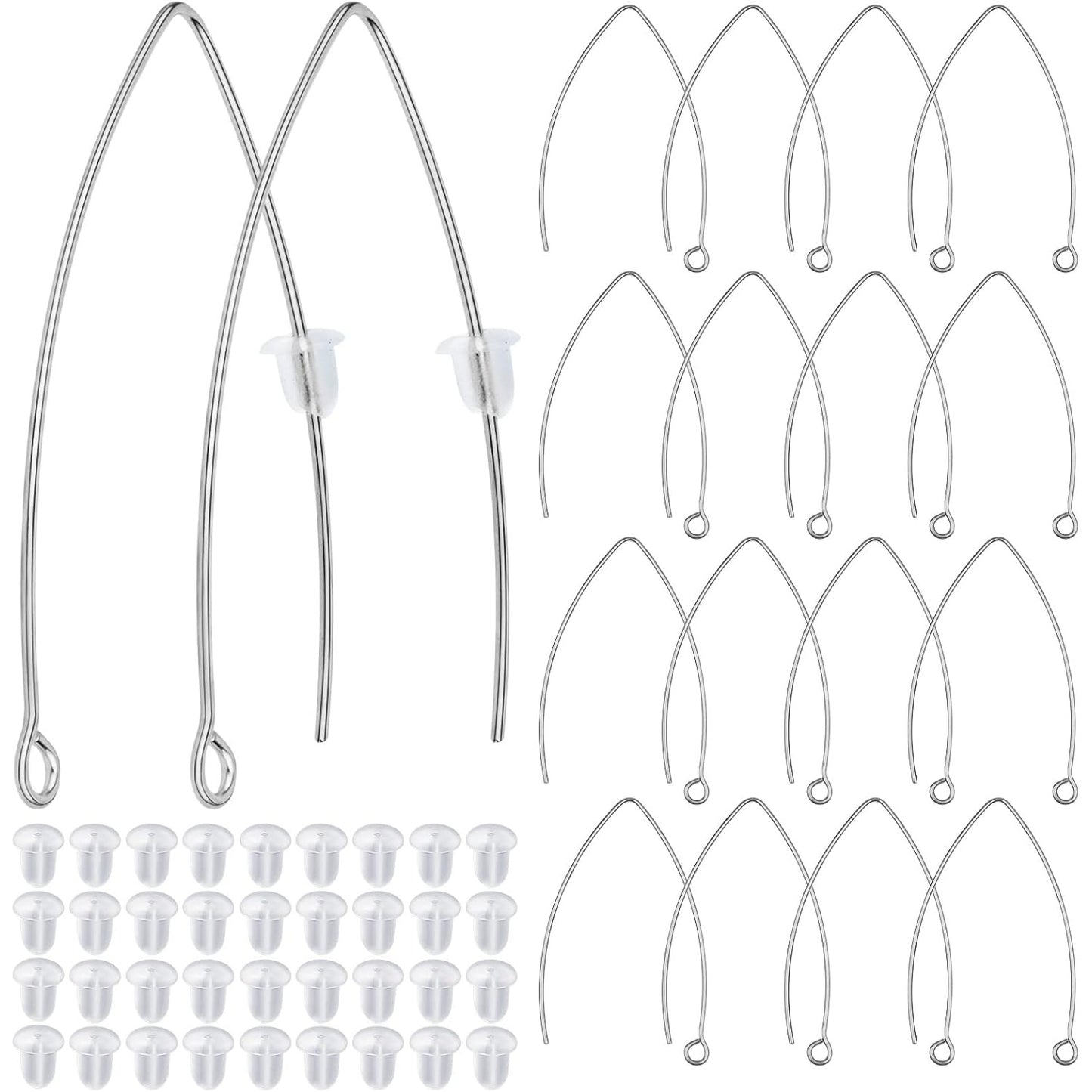 40pcs Stainless Steel Ear Wire V-Shaped Earring Hooks Hypoallergenic Earring Hooks Components and 40pcs Clear Ear Backs for DIY Dangle Earrings Jewelry Making, Silver