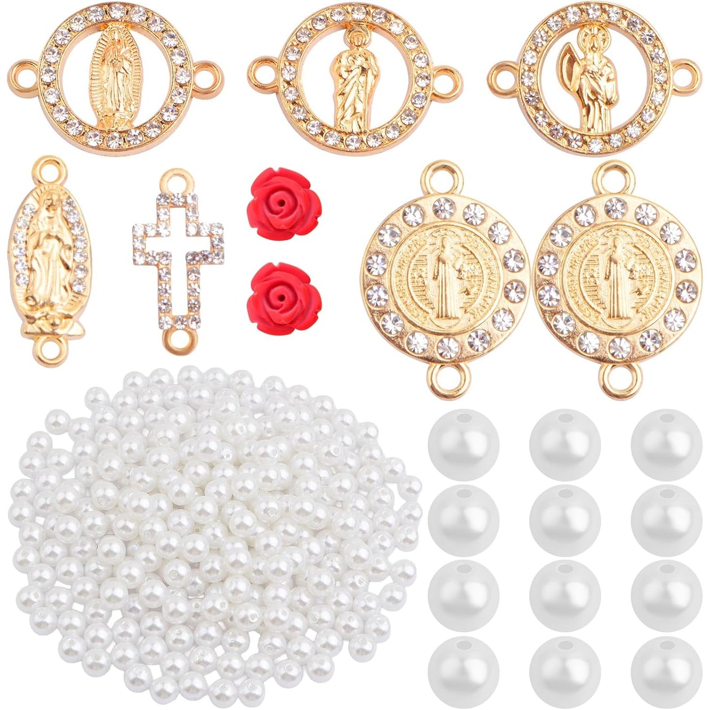 10pcs Golden Religious Cross Charms Connectors, 10pcs Virgin Mary Pendant Links, 20pcs Cinnabar Carved Red Rose Beads and 300pcs White Pearls for DIY Rosary Necklace Jewelry Making Supplies