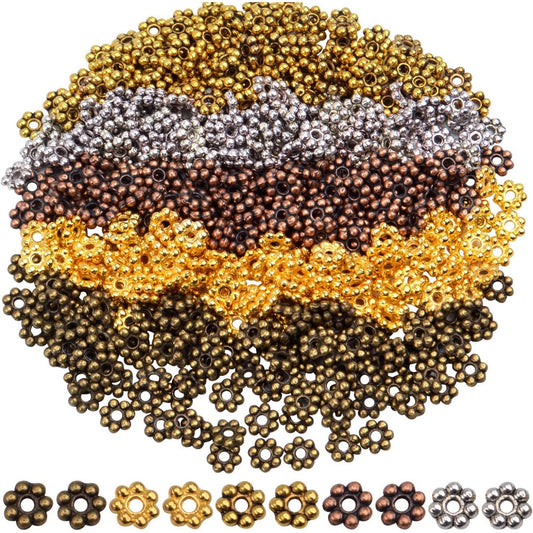 BronaGrand 500pcs Metal Daisy Spacer Beads 5mm for DIY Jewelry Making (5 Colors)