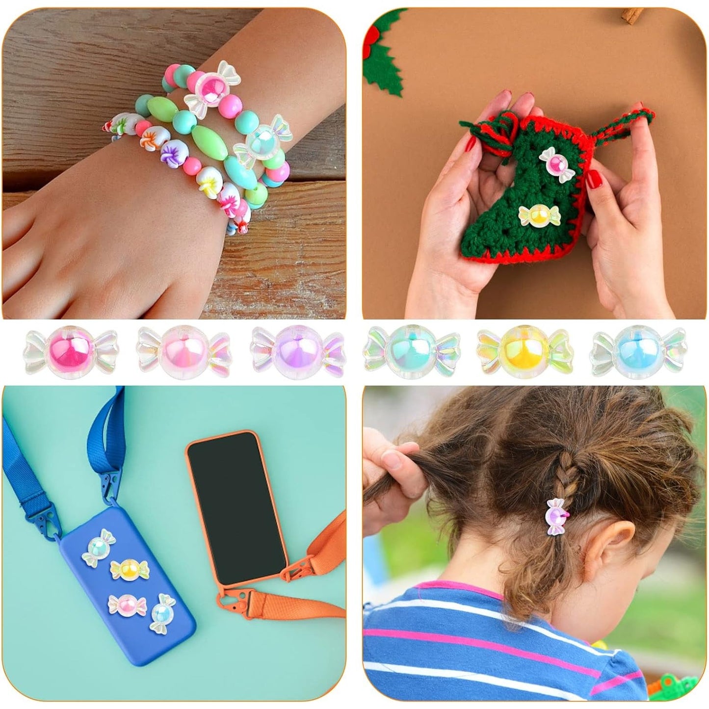 120 Gram (About 90pcs) Acrylic Candy Bow Beads Mixed Colors Cute Candy Shape Beads Shiny Kawaii Charm Beads Embellishments for DIY Hairband Bracelets Necklaces Jewelry Making