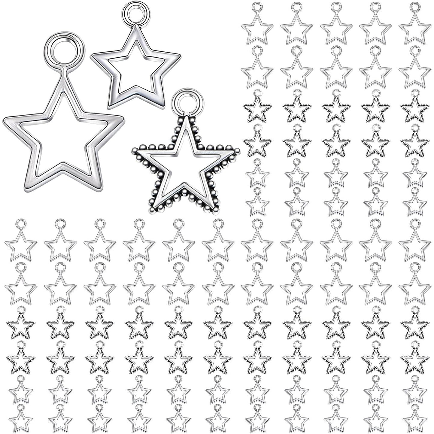 150pcs Antique Silver Pentagram Star Pendant Charms Tibetan Alloy Mini Star Shape Dangle Pendants Craft Supplies for DIY Necklace Bracelet Earrings Jewelry Making, 3 Styles