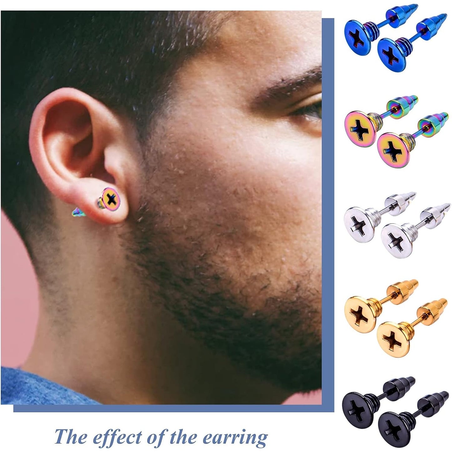 Screw Earring Studs, 5 Pairs Unisex Stainless Steel Piercing Cross Screws Hoop Clip on Earrings Punk Hip Hop Earrings Tragus Cartilage Ear Stud for Men Women, 5 Colors
