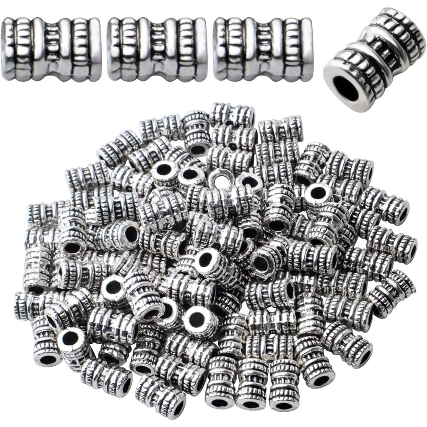 Column Spacer Beads,100pcs Antique Silver Tube Spacers Tibetan Alloy Loose Beads for DIY Jewelry Crafts Making