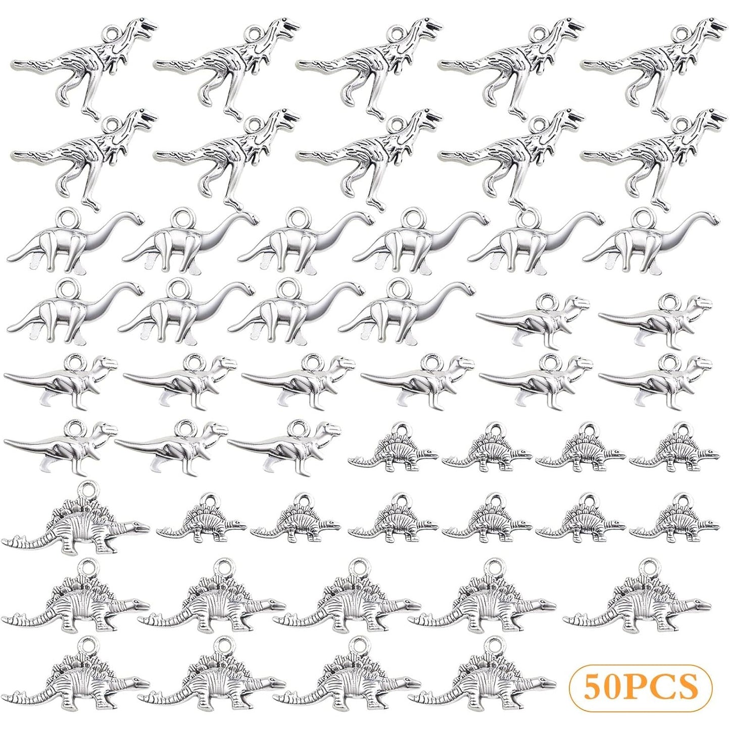 50pcs Antique Silver Mixed Dinosaur Charms Tibetan Alloy Animal Dinosaur Shape Dangle Pendants Bulk Lot for DIY Necklace Bracelet Jewelry Making Supplies, 5 Styles