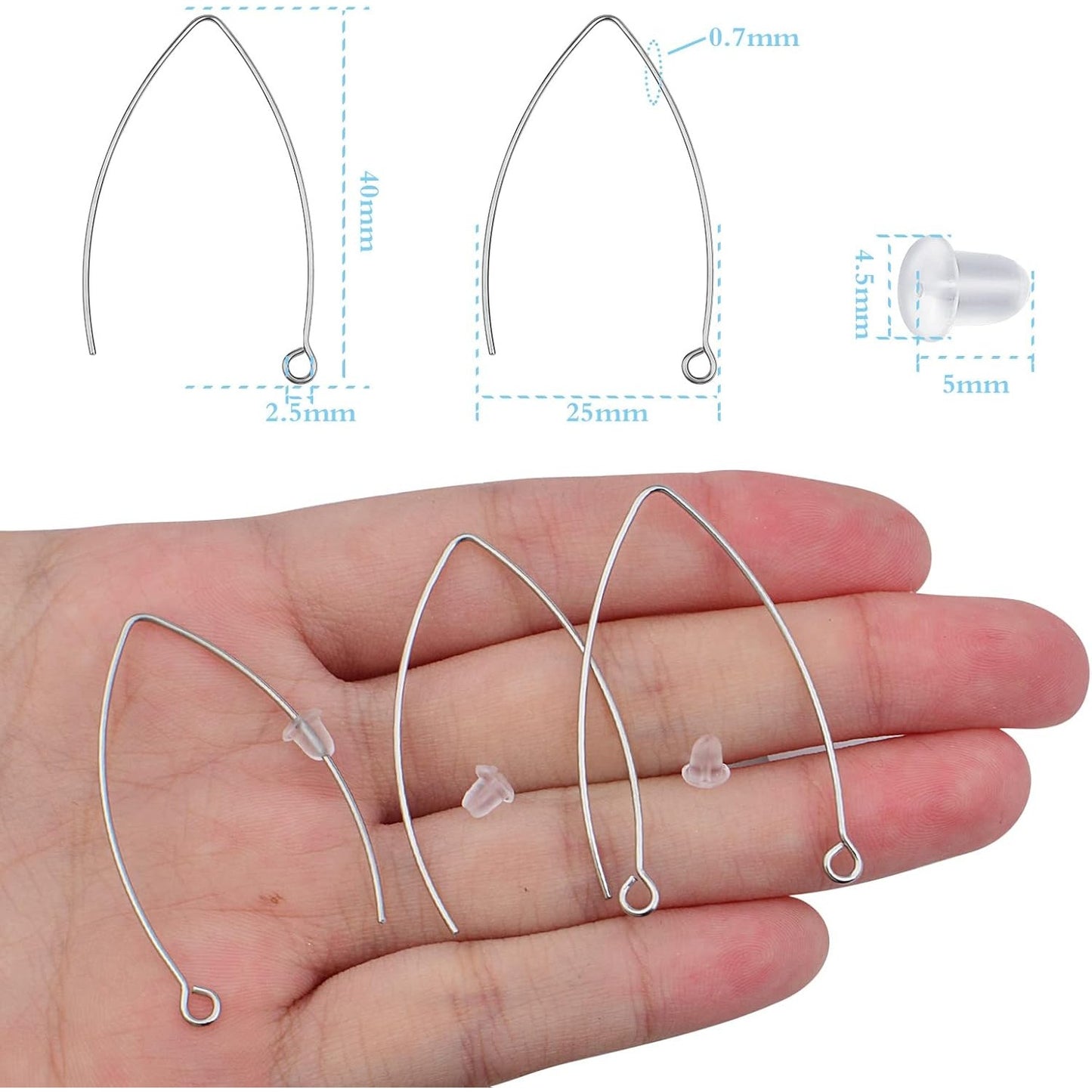 40pcs Stainless Steel Ear Wire V-Shaped Earring Hooks Hypoallergenic Earring Hooks Components and 40pcs Clear Ear Backs for DIY Dangle Earrings Jewelry Making, Silver