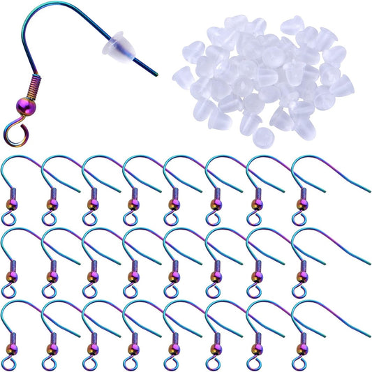 Stainless Steel Earring Hooks, 50pcs Rainbow Color Fish Earrings Hooks Ear Wires Fish Hooks Hypo-allergenic with 50pcs Clear Bullet Earring Backs for DIY Jewelry Earrings Making