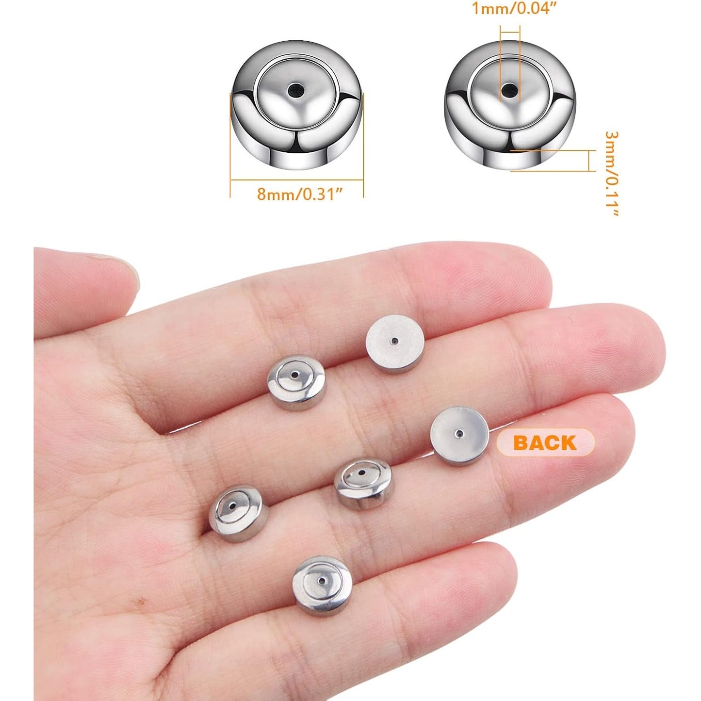 6pcs Hypoallergenic Round Disc Earring Backs Stainless Steel Locking Secure Pierced Earring Backs Replacements for Studs Earrings Droopy Ears, 8 mm x 8 mm x 3 mm