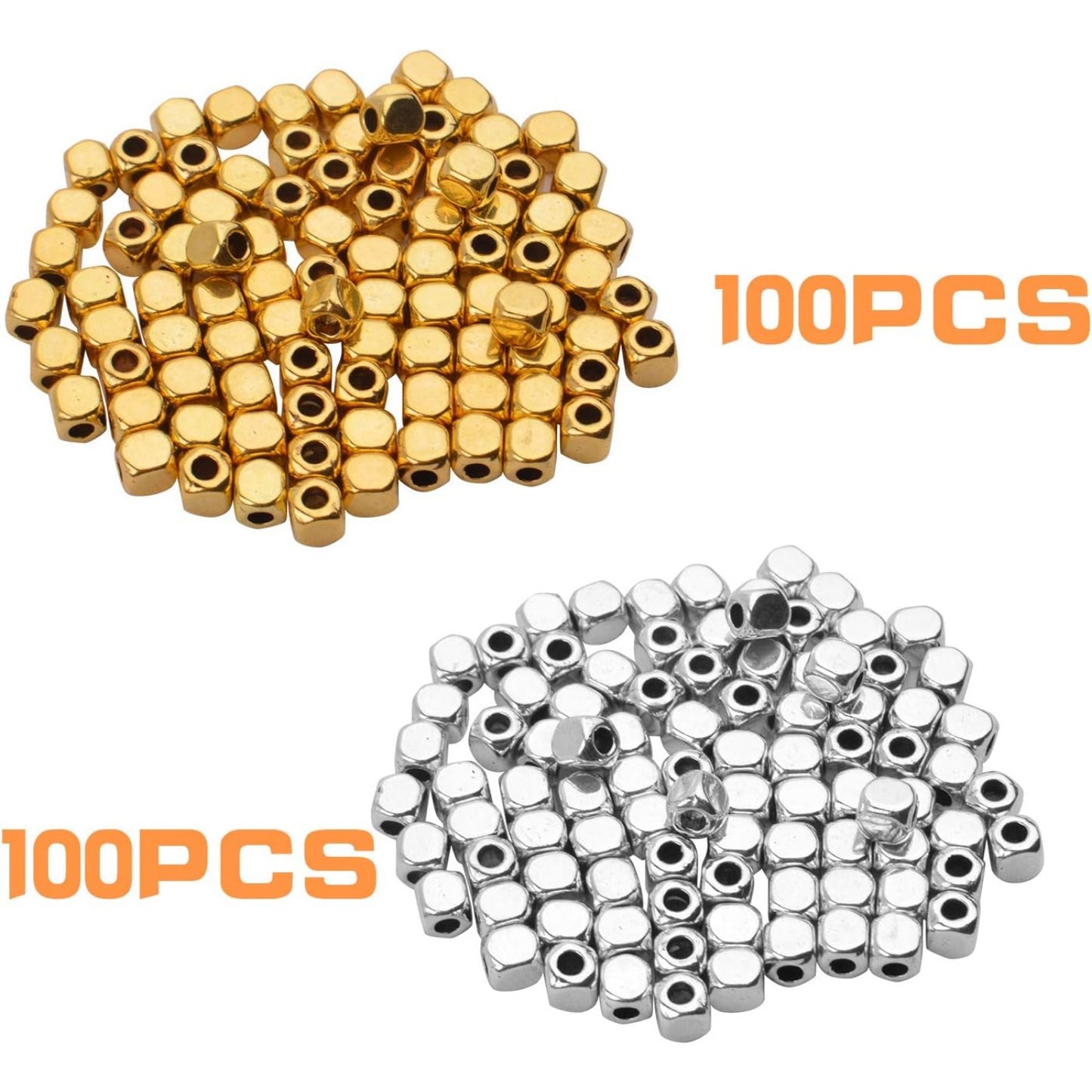 200pcs 3.5mm Cube Beads Square Spacer Beads Jewelry Findings for Bracelets Crafts DIY,Gold and Silver