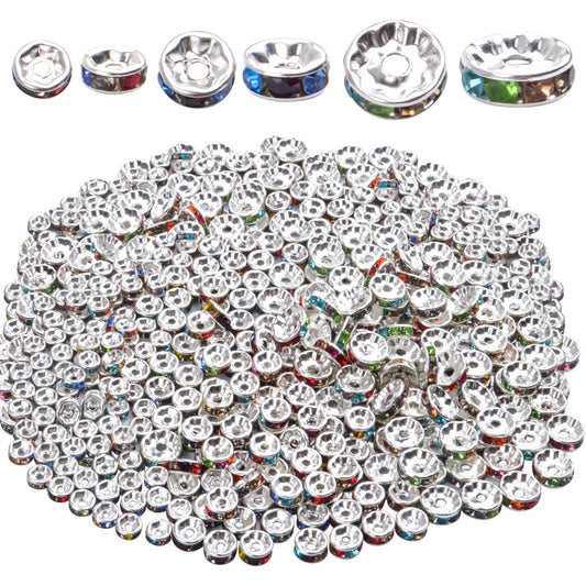 300pcs Multicolor Rhinestone Spacer Beads Mixed Crystal Rondelle Beads for Bracelets Necklaces Jewelry Making,6mm/8mm/10mm,Silver