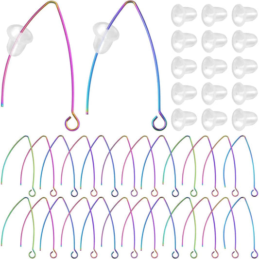 40pcs Stainless Steel V-Shape Earring Hooks Hypoallergenic Earwire Hooks with Loop and 40pcs Clear Earring Backs for DIY Jewelry Making Handmade Decoration, Rainbow Color