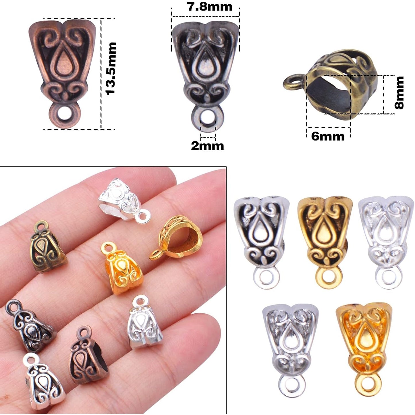 80pcs Connectors Bails Beads Alloy Bail Beads with Charm Loop Bead Hanger Charms Connector Dangle Link Beads for Jewelry Making DIY Necklace Bracelet, 8 Colors