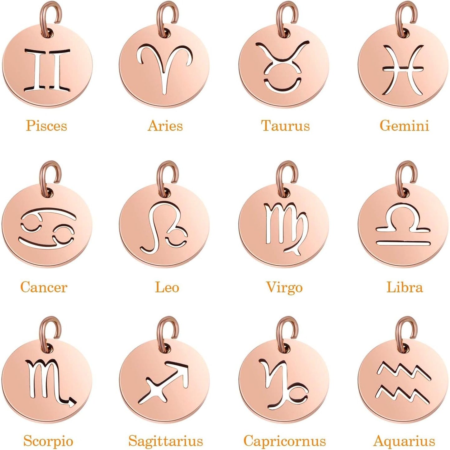 12pcs Stainless Steel Flat Round 12 Constellations Charms Hypoallergenic Zodiac Sign Pendants with Rings for DIY Necklaces Earrings Crafts Jewelry Making, Rose Golden