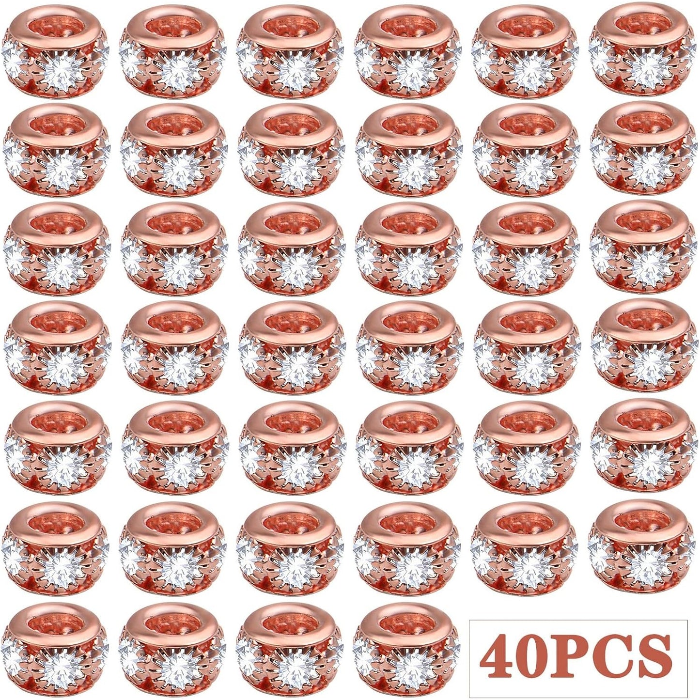 40pcs Rose Golden Crystal Rhinestone Spacer Beads European Large Hole Rondelle Beads for DIY Bracelet Snake Chain Jewelry Making Handmade Decor, Hole: 3.9 mm