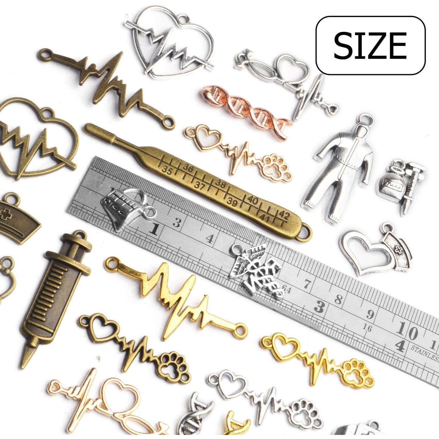 Medical Nurse Charms, 100g(about 40-70pcs) Tibetan Medical Crafts Pendant Mixed Alloy Hospital Nurse Stethoscope Syringe Nurse Cap Hat Charms Accessory for DIY Jewelry Making Crafting