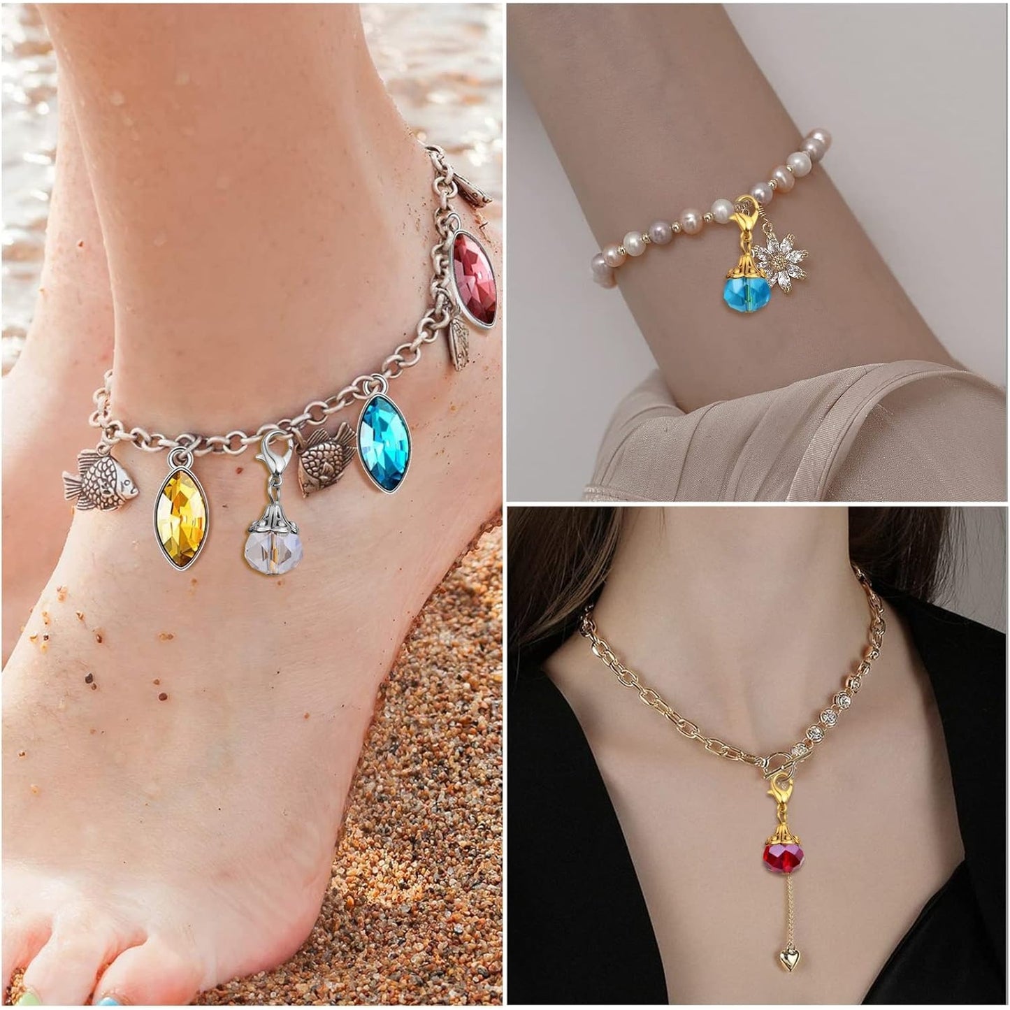 40pcs Colorful Crystal Dangle Charms Antique Golden Silver Flower Bead Cap Drops Pendants with Lobster Claw Clasps for DIY Bracelet Necklace Earrings Jewelry Making