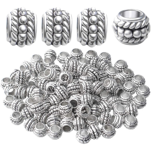 100pcs Tibetan Antique Silver Large Hole Spacer Beads Alloy European Rondelle Beads Spacers Loose Spacers Jewelry Bead Charms for DIY Jewelry Crafts Making(8×6mm, Hole:4.5mm)