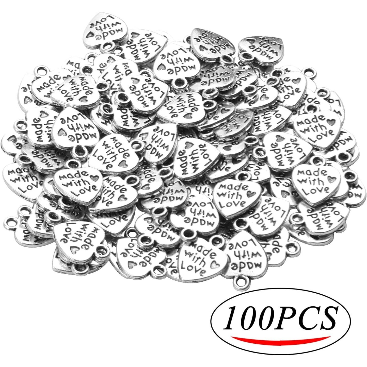 100pcs Tibetan Silver Heart Charm Made with Love Charm Jewelry Making Findings for DIY Bracelet Necklace Crafts