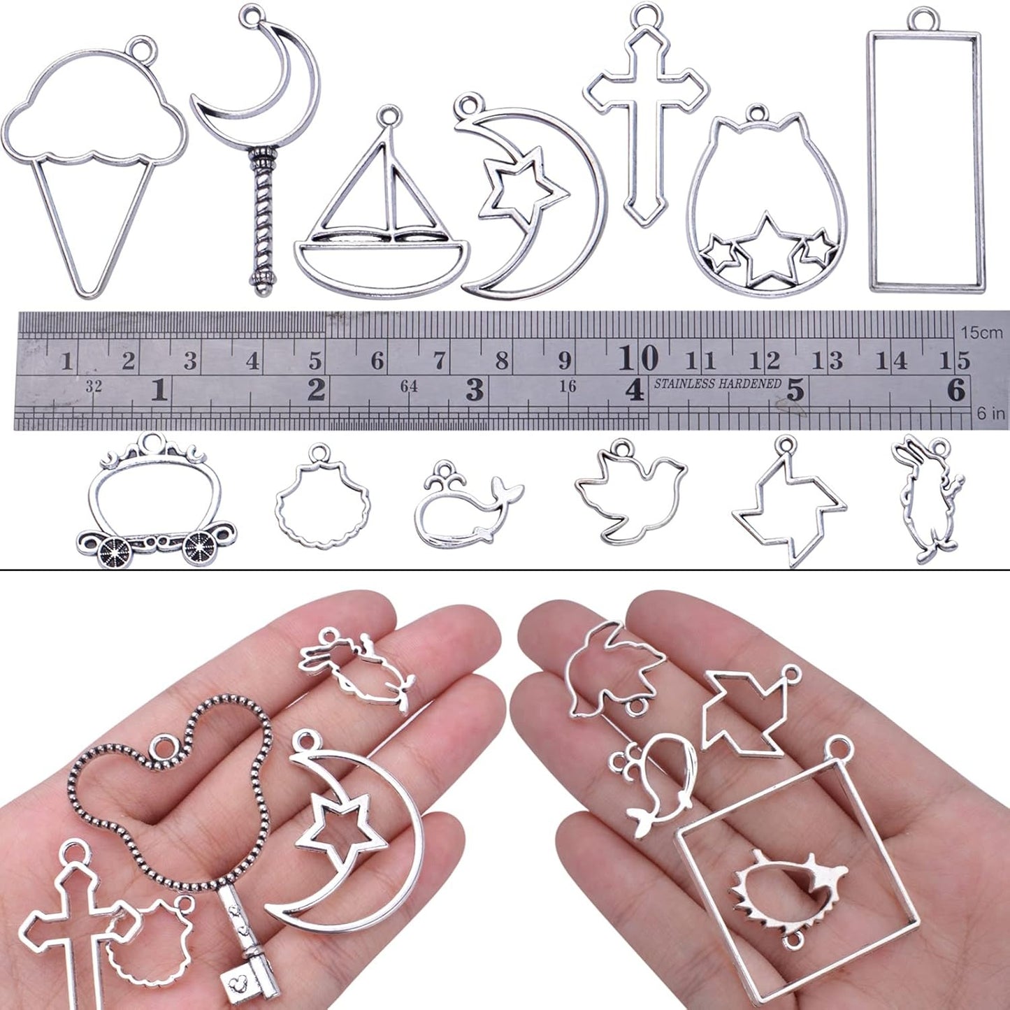 100g Antique Silver Bezel Charms Pendants Alloy Open Back Bezel Blanks Hollow Pressed Flower Frame Pendant Resin Molds for DIY Jewelry Crafts Making Necklace Earrings, Mixed Styles