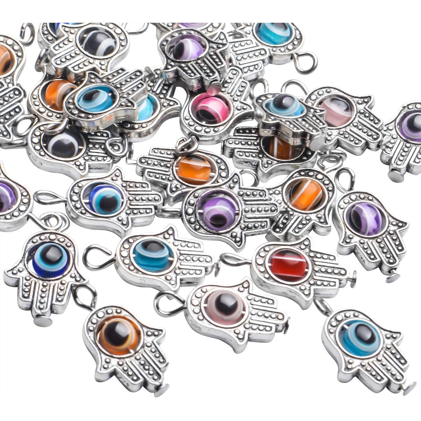 Fatima Hand Charms,30 Pcs Antique Silver Hamsa Hand Evil Eye Bead of Fatima Symbol Charms Hamsa Hand Beads Frame Charms for DIY Necklace Bracelet