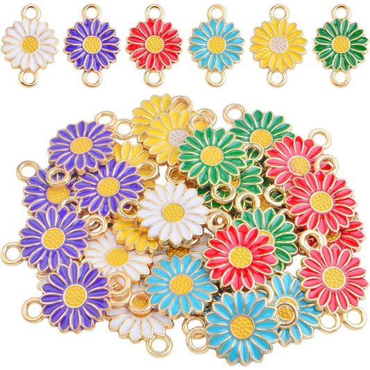 30 Pieces Alloy Enamel Sunflower Shaped Charms Connectors Lovely Daisy Flower Double Loops Links Pendants for DIY Necklace Bracelet Earrings Jewelry Making, 6 Colors