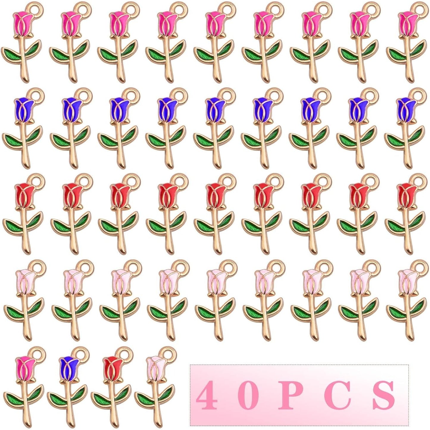 40 Pieces Enamel Rose Flower Pendant Charms Alloy Flower Dangle Pendants Craft Supplies for DIY Necklace Earrings Jewelry Making Valentine's Gifts, 4 Colors