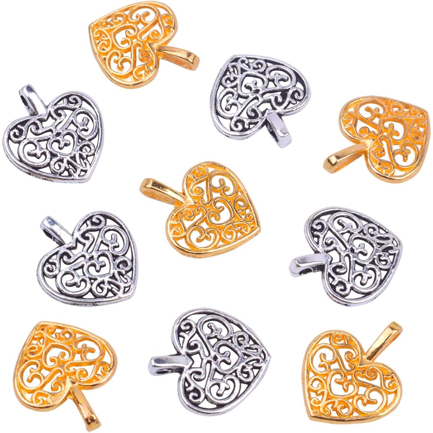 100 Pieces Heart Charms Pendants Metal Beads for Jewelry Making Bracelet Necklace,Antique Silver and Gold