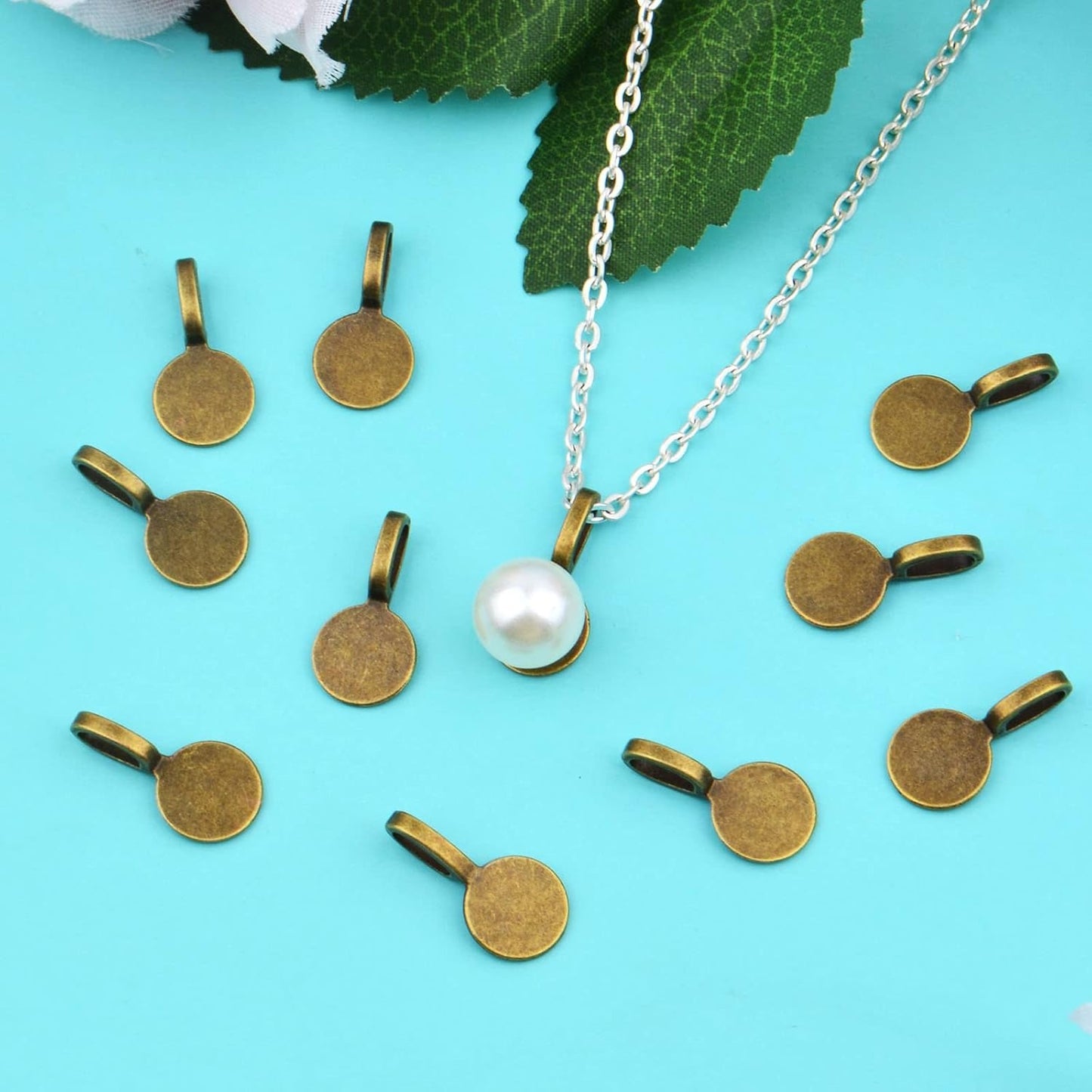 100pcs Silver Glue-on Flat Pad Bails Pendants Charms Connector Hanger for DIY Necklace Earrings Jewelry Making Accessories, 18 mm x 9 mm