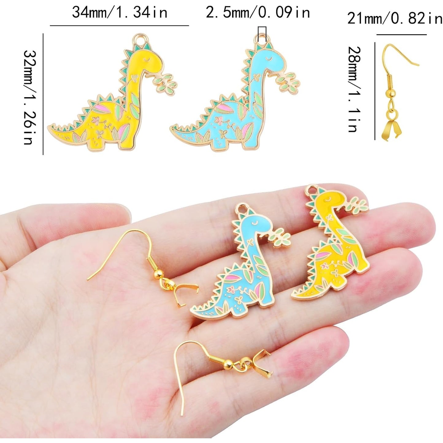 12pcs Golden Plated Colorful Enamel Dinosaur Pendant Charms and 12pcs Golden Hypoallergenic Earring Hooks for DIY Necklace Bracelet Dangle Earrings Jewelry Making