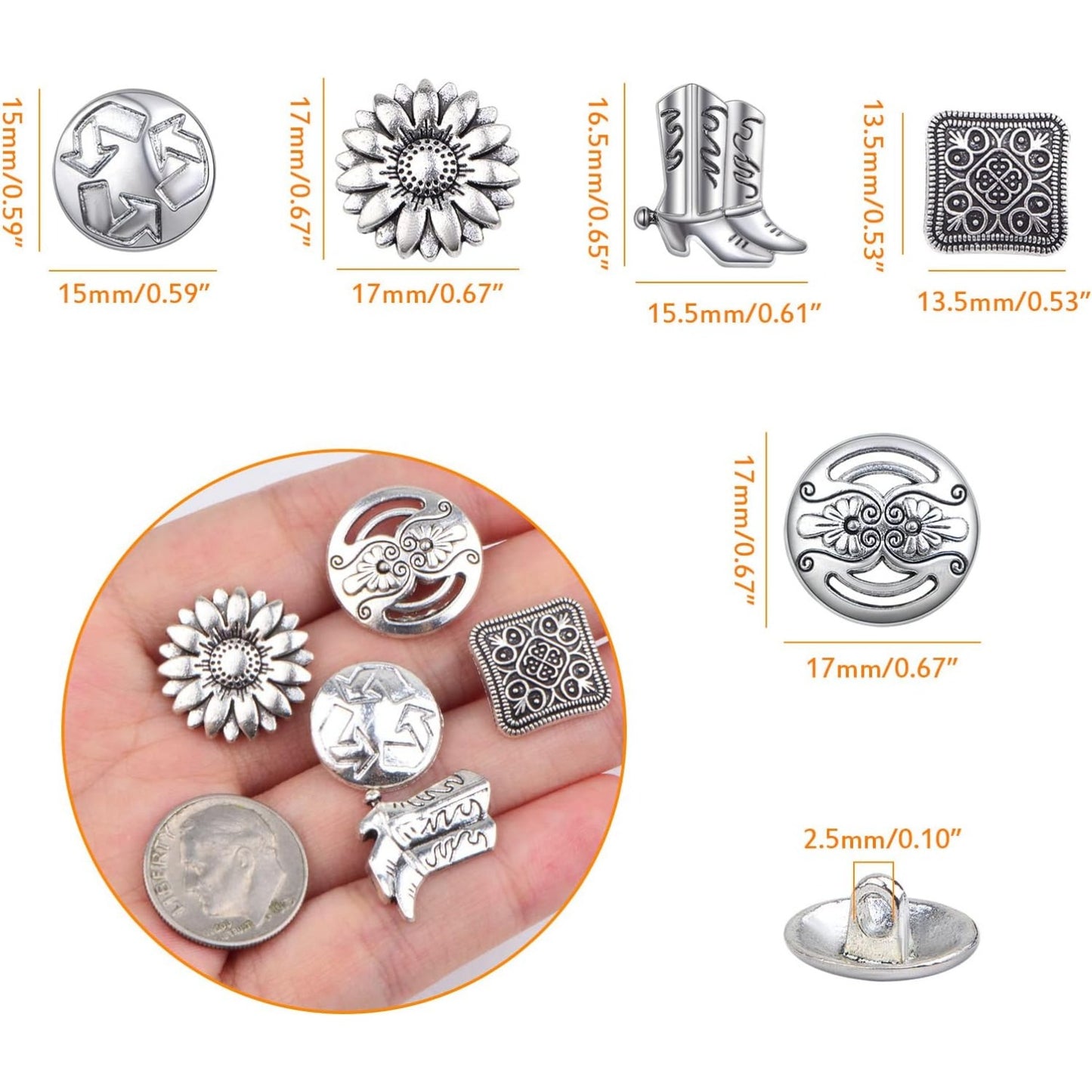 30pcs Silver Sewing Shank Buttons Tibetan Alloy Assorted Carved Sunflower Arrowhead Boot Decorative Handmade Buttons for Costumes Design Clothes Jeans Sewing Crafts, 5 Styles