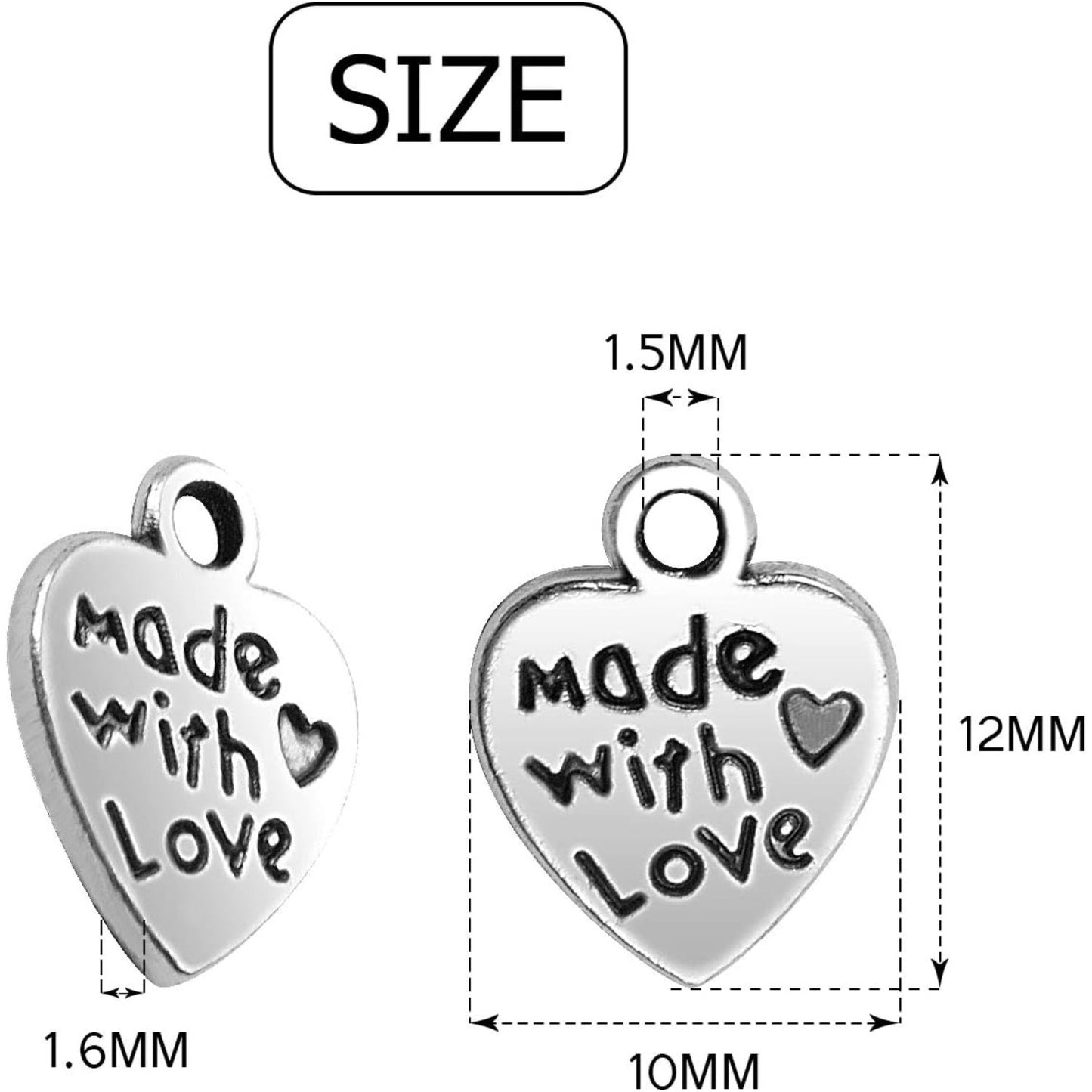 100pcs Tibetan Silver Heart Charm Made with Love Charm Jewelry Making Findings for DIY Bracelet Necklace Crafts