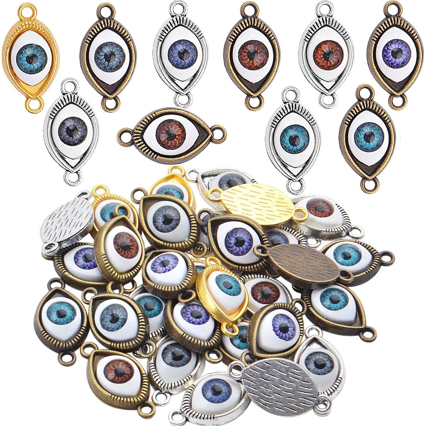 30pcs Antique Eye Shaped Charms Mixed Evil Eye Pendants with 2 Large Holes for Crafting Jewelry Making